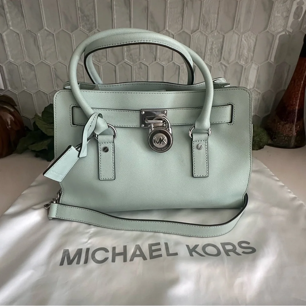 Michael Kors Mint Green Leather Satchel With Silver-Tone Hardware & Dust Bag - Picture 2 of 14